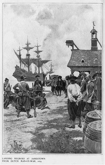 Illustration titled 'Landing Negroes at Jamestown from Dutch man-of-war, 1619'; signed H. Pyle in lower left hand corner