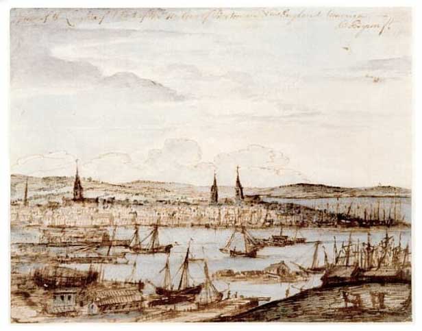Art work by Richard Byron showing ships in Boston Harbor, 1764