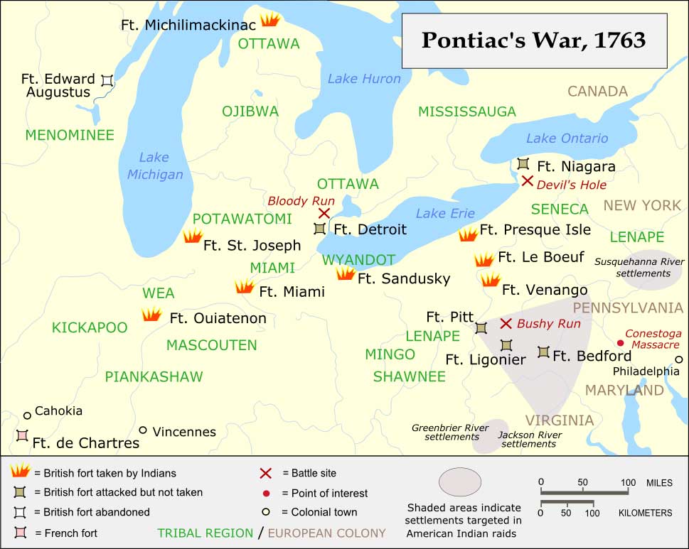 Map of tribes and areas involved in Pontiac's War