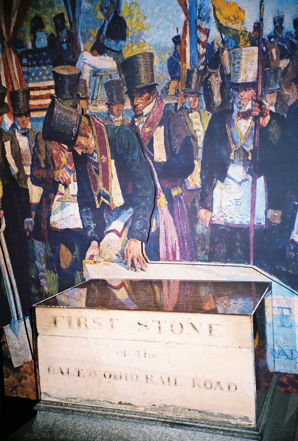 Cornerstone of the Baltimore and Ohio Railroad, being laid on July 4, 1828 by Charles Carroll of Carrollton, last surviving signer of the Declaration of Independence.