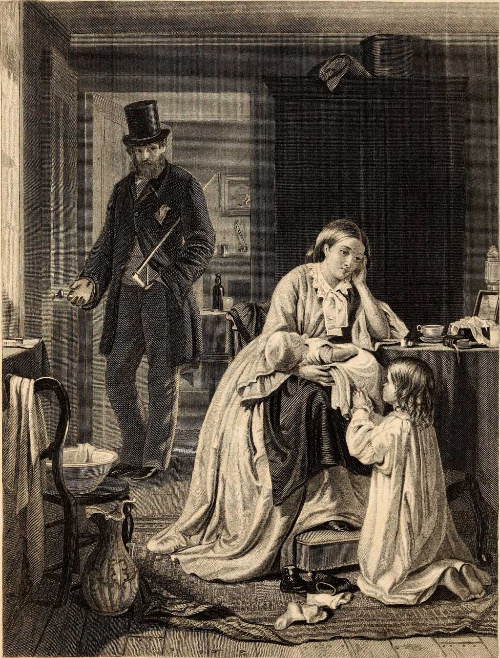 Household scene showing husband walking out the door, while woman holds baby and attends to small girl