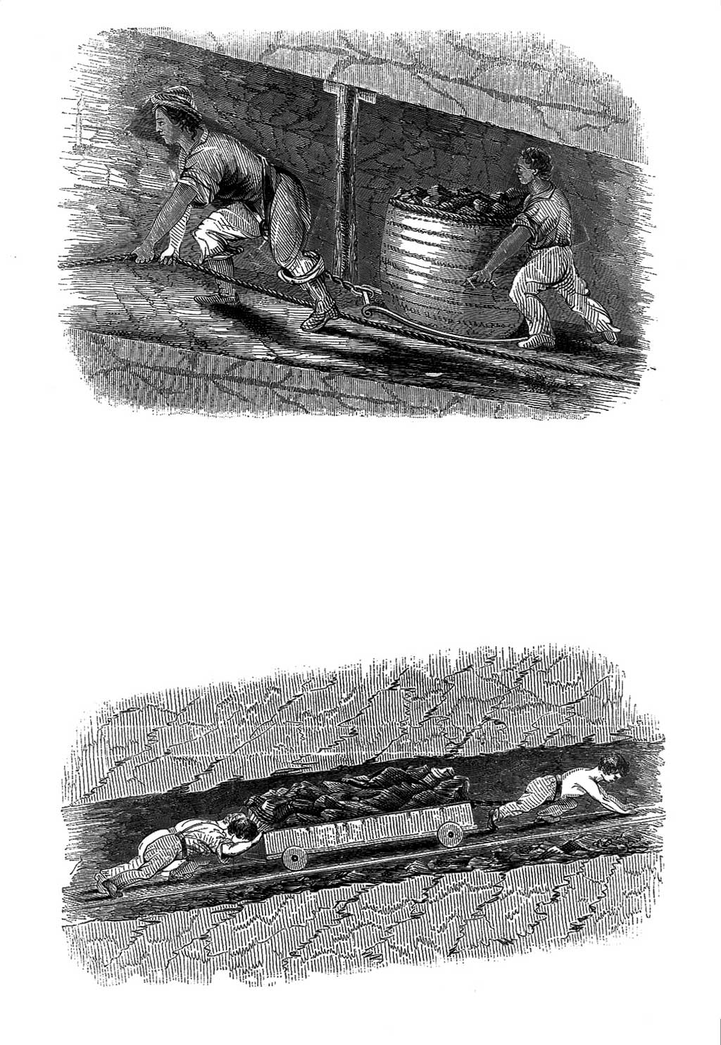 Illustrations of children working in mines, pushing coal wagons through narrow tunnels