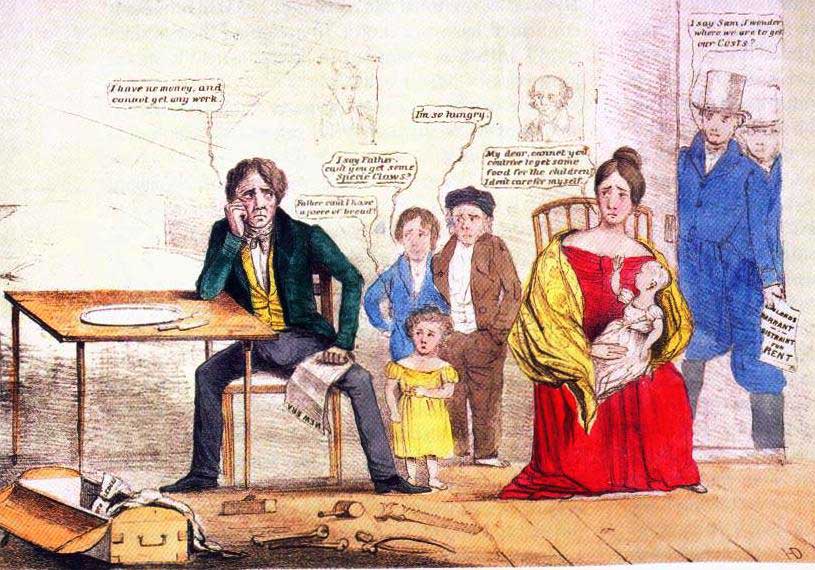 Poster showing family scene. Man sitting at empty table says 'I have no money and cannot get any work.' He is surrounded by children, a wife and baby.
