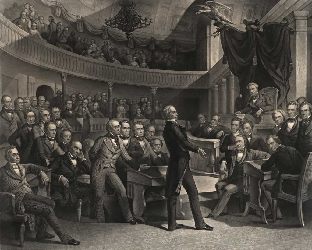 This image shows three men, with Henry Clay at center stage, presenting his compromise to the Senate in the Old Senate Chamber. Daniel Webster is seated to the left of Clay and John C. Calhoun to the left of the chair of the presiding officer, Vice President Millard Fillmore.
