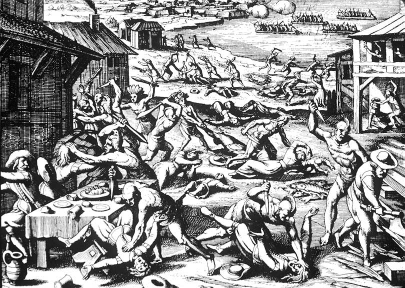 A 1628 woodcut by Matthaeus Merian published along with Theodore de Bry's earlier engravings in 1628 book on the New World. The engraving shows the March 22, 1622 massacre when Powhatan Indians attacked Jamestown and outlying Virginia settlements.