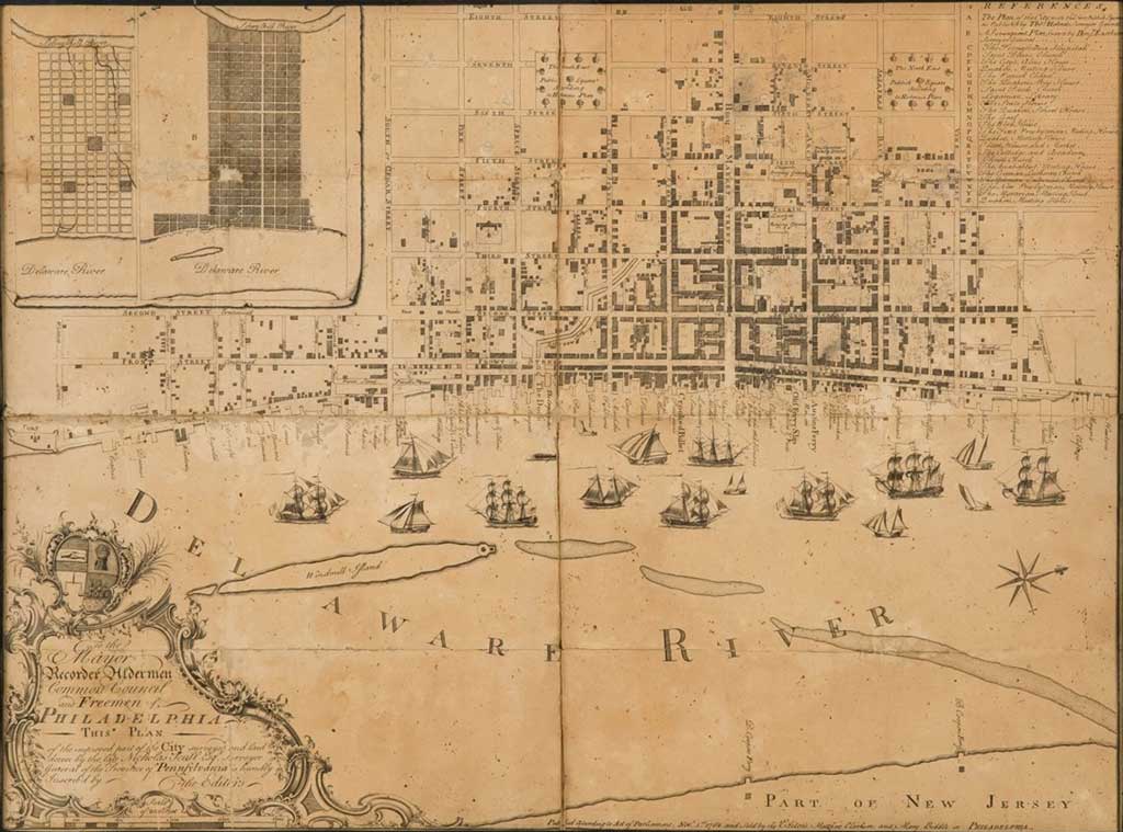 1762 Map of the plan of the improved part of the city of Philadelphia created by a surveyor showing city blocks and Delaware Harbor