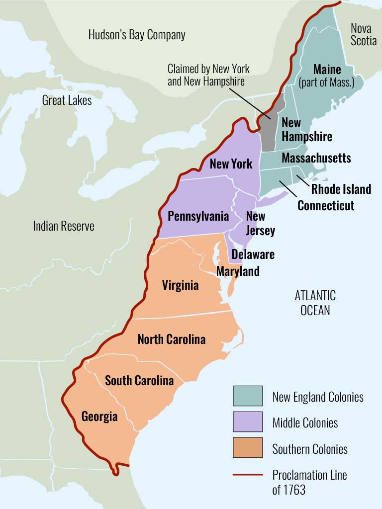 Map showing the English colonies along the Eastern seaboard, broken down into New England colonies (Maine, New Hampshire, Massachusetts, Rhode Island and Connecticut), Middle Colonies (New York, New Jersey, Pennsylvania, and Delaware), and Southern Colonies (Virginia, North Carolina, South Carolina, and Georgia)