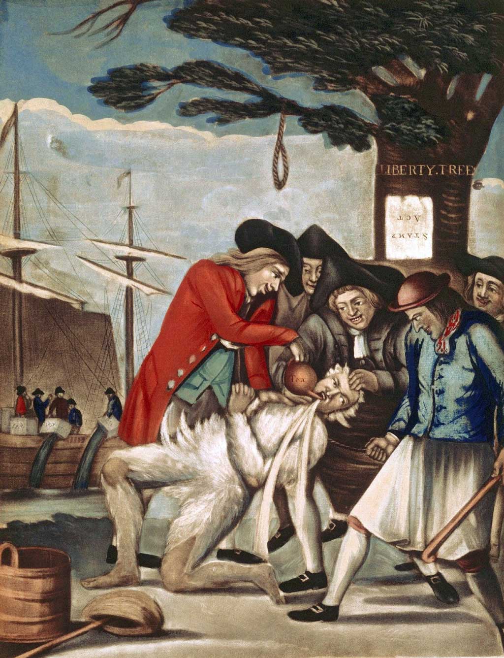 A depiction of the tarring and feathering of Commissioner of Customs John Malcolm, a Loyalist, by five Patriots on 5 January 1744 under the Liberty Tree in Boston, Massachusetts. Tea is also being poured into Malcolm's mouth.