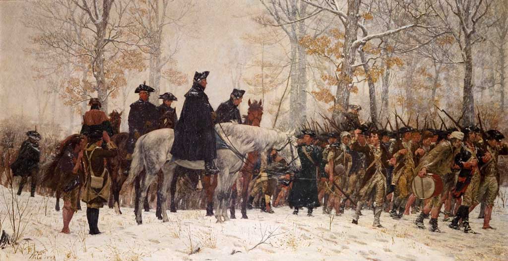 Painting depicting George Washington leading the Continental Army to Valley Forge in 1777