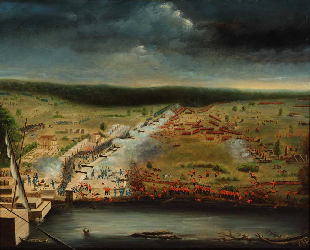 Battle scene of Battle of New Orleans showing troops and cannons with a river in the foreground