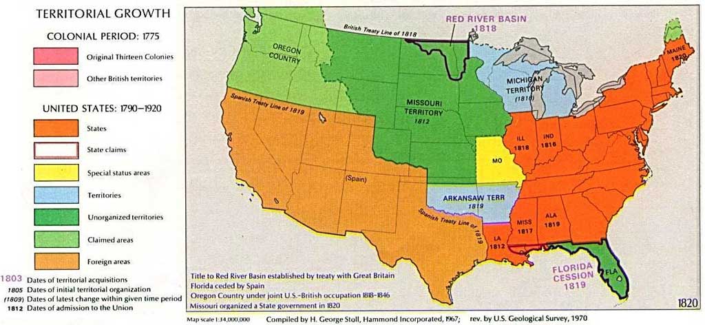 Map of US showing US Territories: Areas identified are Oregon Country, Missouri Territory, Michigan territory, Missouri, Arkansas Territory, Red River Basin, and Florida Cession