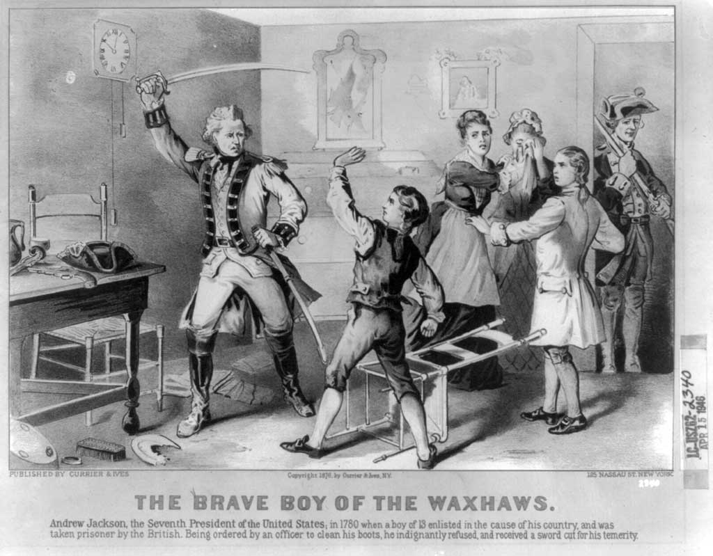 'The Brave Boy of the Waxhaws'. Depicts incident in the childhood of Andrew Jackson, showing the lad standing up to British soldier.