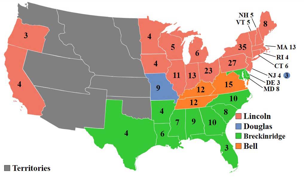 US map of votes cast in the 1860 Electoral College. Shows states and tallies for Lincoln, Douglas, Breckinridge, and Bell