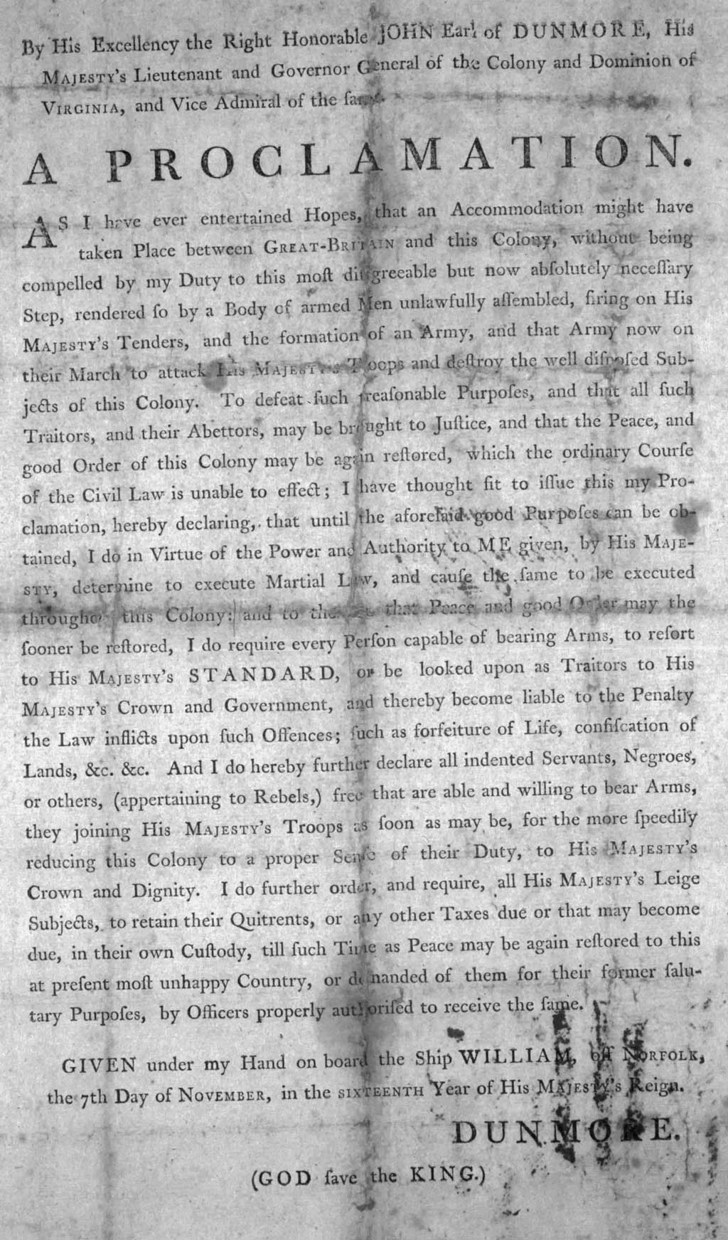 A copy of Dunmore's Proclamation, issued November 7, 1775