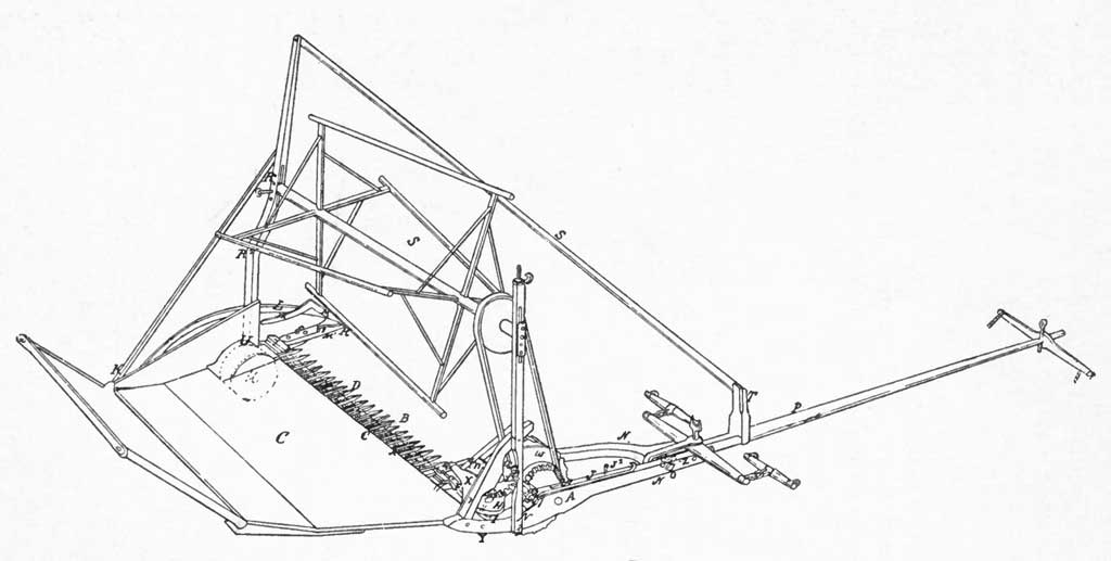 Sketch from 1845 patent of an improved grain reaper by Cyrus Hall McCormick.