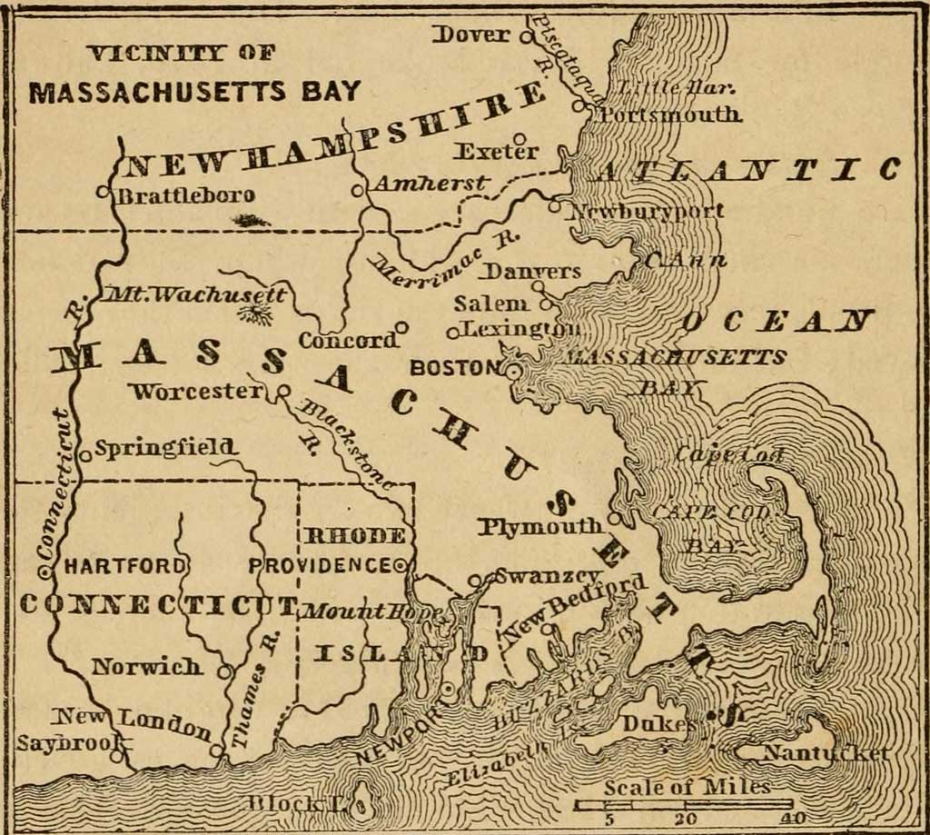 Map of Colonial New England and the Massachusetts Bay area, showing New Hampshire, Massachusetts, and Connecticut, and the Atlantic Ocean.
