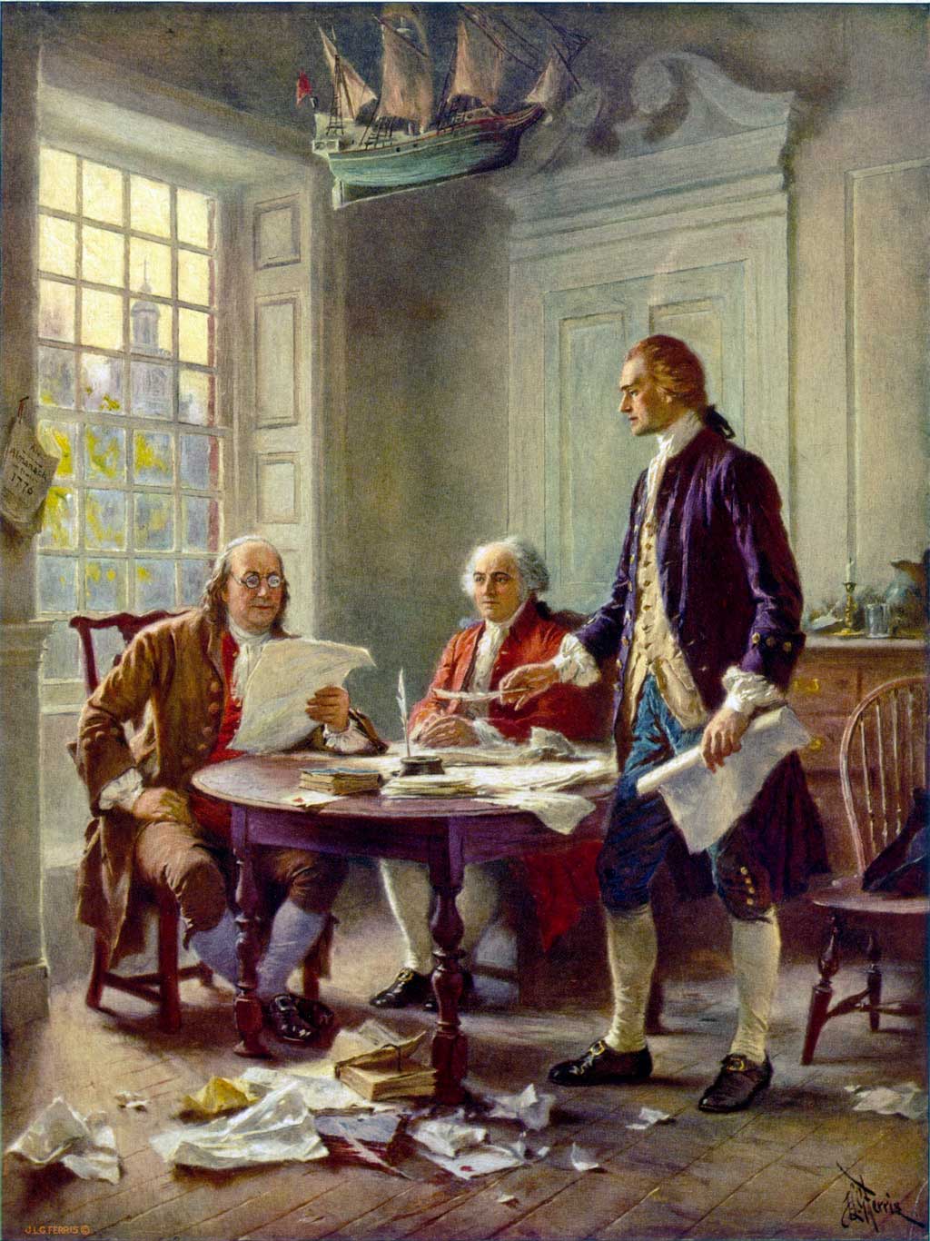Thomas Jefferson (right), Benjamin Franklin (left), and John Adams (center) meet at Jefferson's lodgings, on the corner of Seventh and High (Market) streets in Philadelphia, to review a draft of the Declaration of Independence.