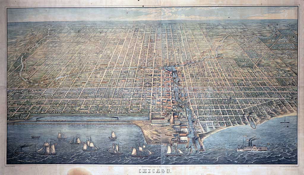 Drawing of a Bird's Eye View of Chicago showing water and boats in foreground and blocks of buildings behind