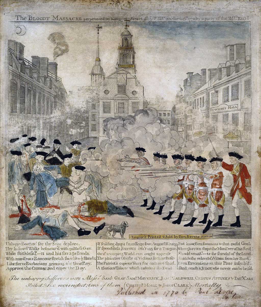 Engraved print showing a sensationalized portrayal of the skirmish, later to become known as the 'Boston Massacre,' between British soldiers and citizens of Boston on March 5, 1770. On the right a group of seven uniformed soldiers, on the signal of an officer, fire into a crowd of civilians at left. Three of the latter lie bleeding on the ground. Two other casualties have been lifted by the crowd. In the foreground is a dog; in the background are a row of houses, the First Church, and the Town House. Behind the British troops is another row of buildings including the Royal Custom House, which bears the sign 'Butcher's Hall.'