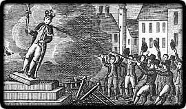 After a public reading of the Declaration of Independence on 9 July, 1776, crowd in New York City pulls down statue of King George III to be melted into bullets