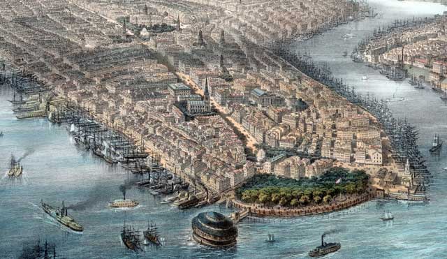 Picture of New York City in 1850 showing boats and water in the foreground and buildings behind