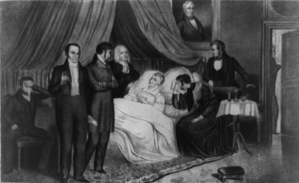 William Henry Harrison on his deathbed with Rev. Hawley, a physician, niece, and nephew in attendance, as well as Thomas Ewing, Secretary of Treasury, Daniel Webster, Secretary of State, and Francis Granger (waiting at the door), Postmaster General.