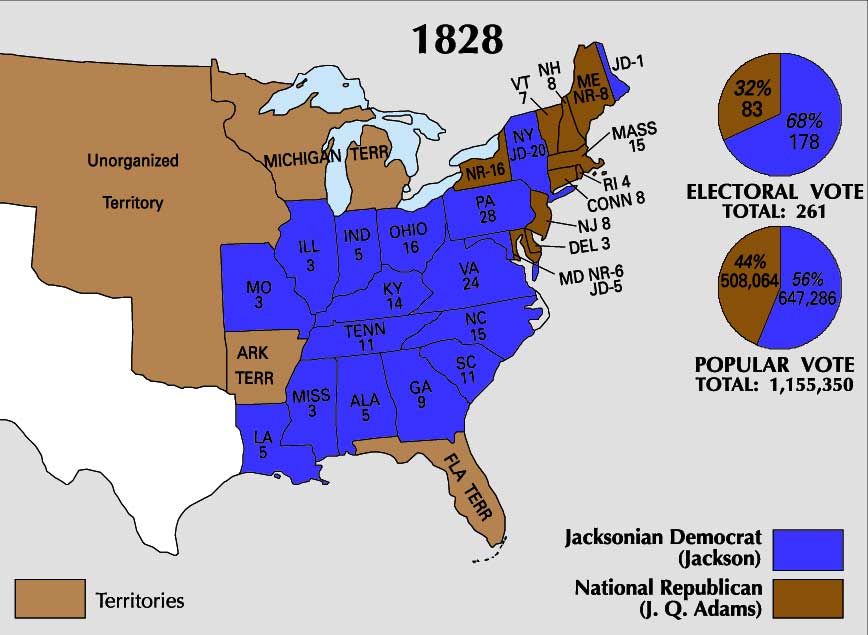 Map showing 1828 Presidential Election including states and electoral and popular vote tallies for Jackson and J.Q. Adams