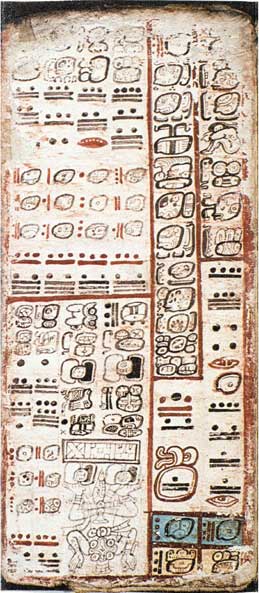 Page from a Dresden Codex book, showing drawings called glyphs