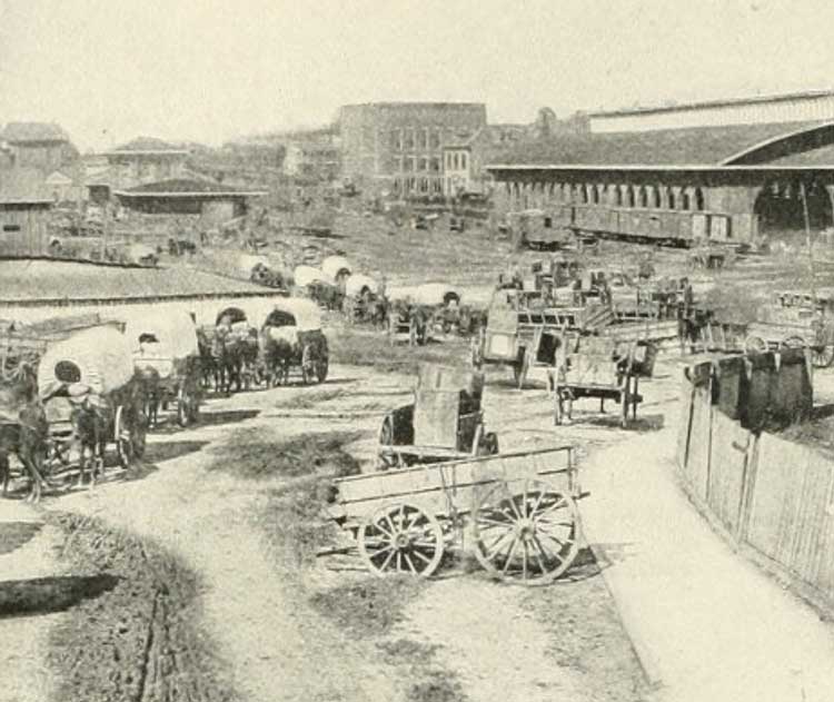 Lines of wagons and abandoned wagons at the Atlanta Train Depot