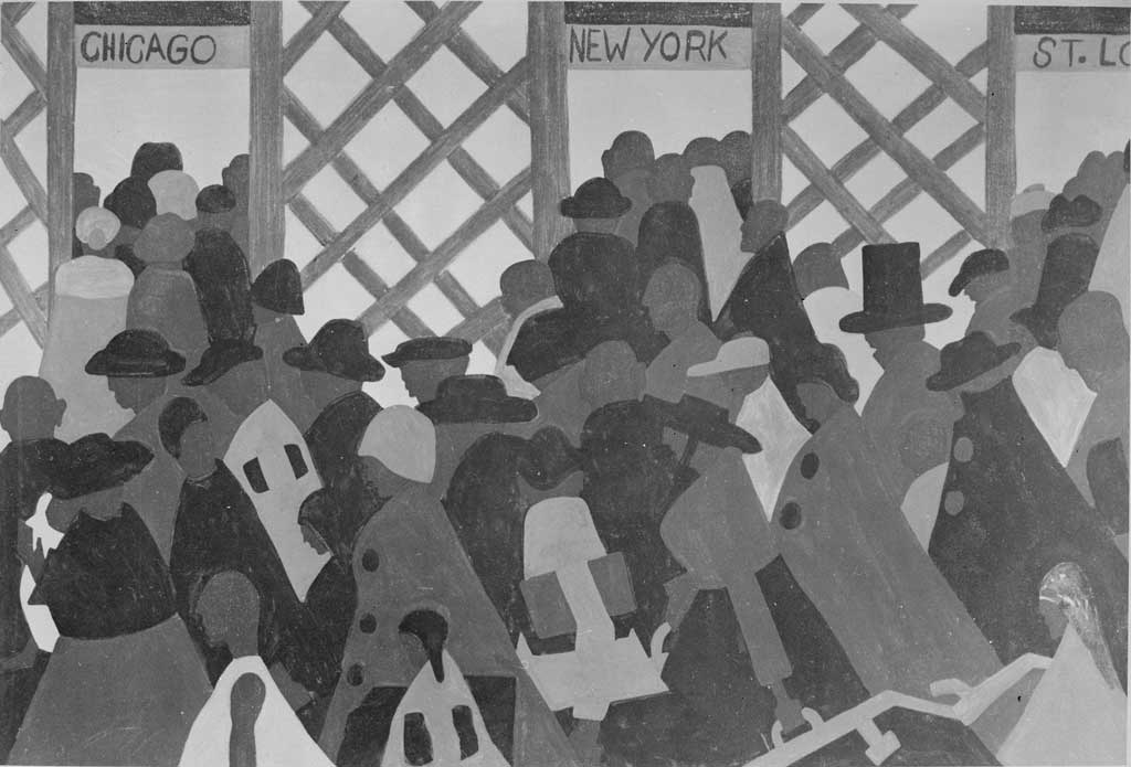 Modern style painting of a crowd of faceless migrants about to embark on a journey to three large cities in the north: Chicago, New York, and St. Louis. The silhouetted shapes of the crowd, their clothing, hats, and luggage creates a sense of action as the crowd pushes toward the doors.