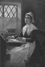 Painting of Anne Bradstreet. She is sitting at a desk in front of a latticed window, with papers in front of her. She wears Puritan garb--dark dress with white lace collar, head covering, and apron