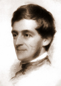 Charcoal drawing of Emerson's head. He is a young man, smiling off to the left of the page, wearing a high collar and no facial hair