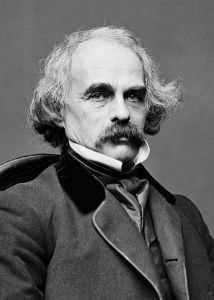 Black and white photograph of Nathaniel Hawthorne. He is seated in a high-collared suit, with light hair and a darker moustache