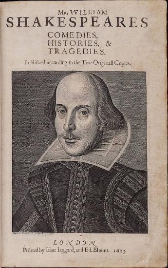 Title page of William Shakespeare's First Folio (1623) featuring engraving of the author by Martin Droeshout