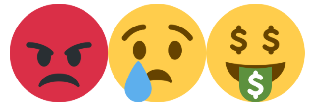Emojis de cara enojada, cara llorando y cara de boca de dinero