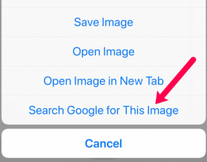 Торкання та утримання зображення в Chrome на смартфоні дає опцію меню «Пошук Google для цього зображення»