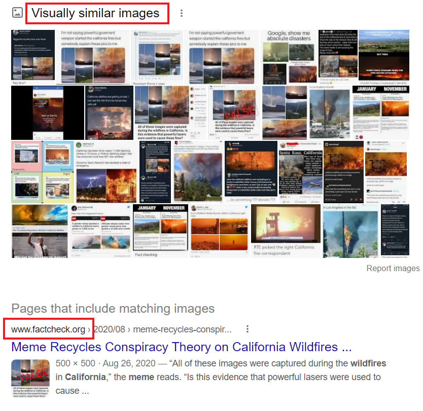 Los resultados de búsqueda de imágenes inversas de Google muestran imágenes visualmente similares y una verificación de hechos del meme de factcheck.org