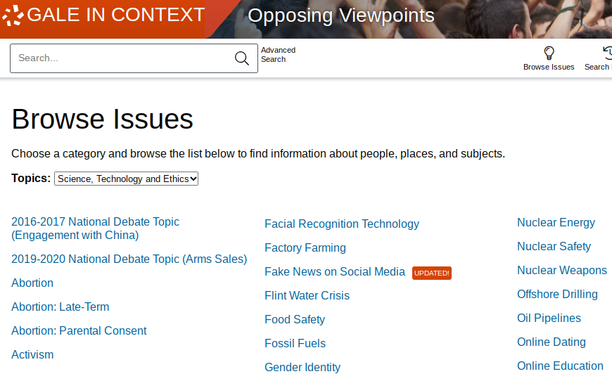 La página “Examinar temas” de los puntos de vista opuestos tiene enlaces a temas de debate social como Fake News y Perforación Offshore