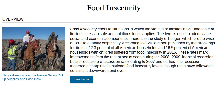 Una página temática sobre inseguridad alimentaria en la base de datos Puntos de vista opuestos muestra una sección de “visión general” con un enlace para leer más