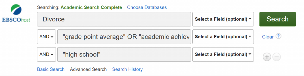 EBSCOhost's advanced search. Description provided below.