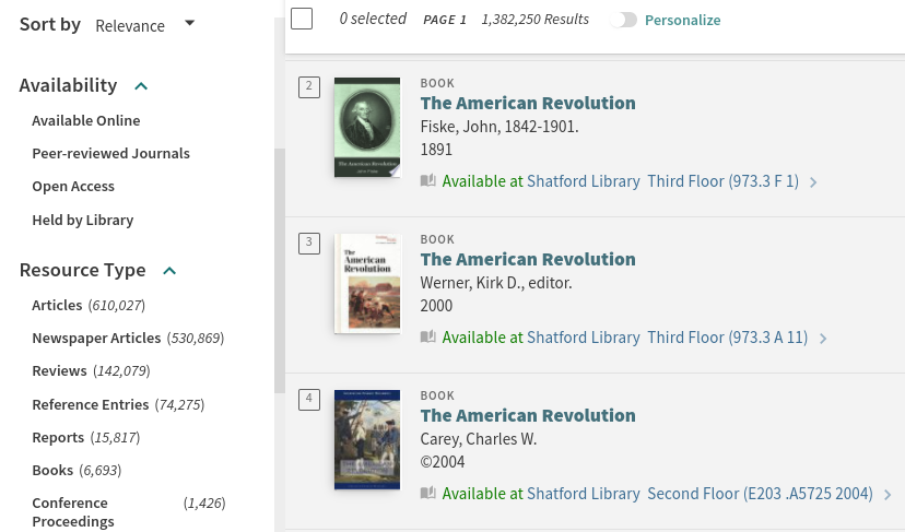 Una lista de resultados de búsqueda en OneSearch mostrando filtros de búsqueda y elementos para la Revolución Americana.