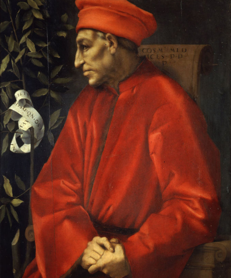 A painting of Cosimo Medici, clothed in red, to his left is a laurel branch and leaves.