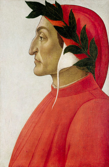 Head-and-chest side portrait of Dante in red and white coat and cowl.