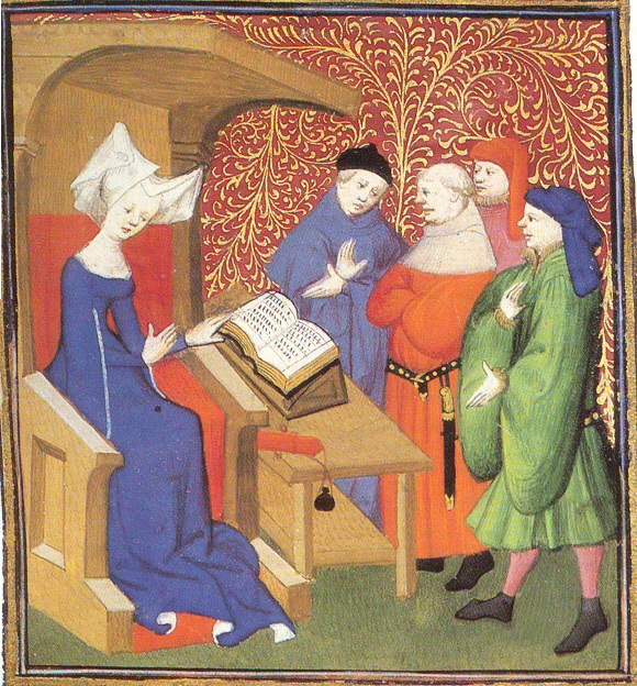 A painting of Christine de Pizan seated before an open book lecturing four men below her.