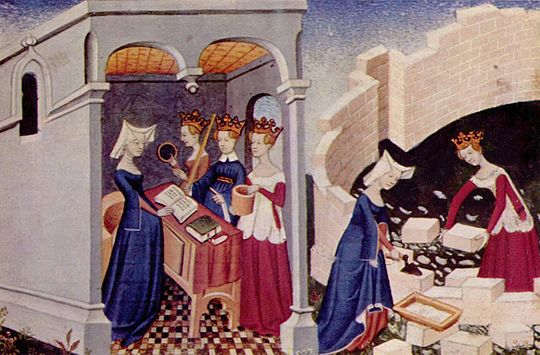 A painting depicting, on the right, two women building a wall and, on the left, four women playing music from a book.