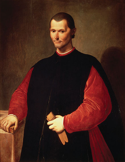 Portrait of Machiavelli showing his holding a book in his right hand and leather gloves in his left.
