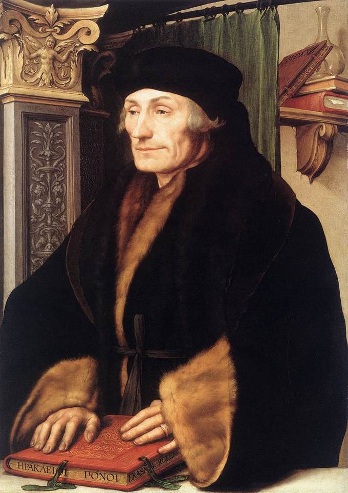 A portrait of Erasmus indoors, placing his hands on a red book.