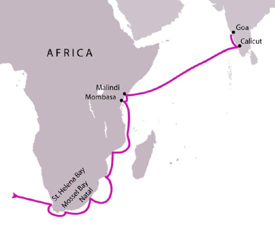 The map shows that Vasco de Gama rounded the Cape of Good Hope, stopping at St. Helena Bay, Mossel Bay, and Natal. His expedition then traveled north along the east coast of Africa, making four stops, including stopping in Mombasa and Malindi. The expedition then crossed the Arabian Sea to India, where they stopped in Calicut and then Goa.