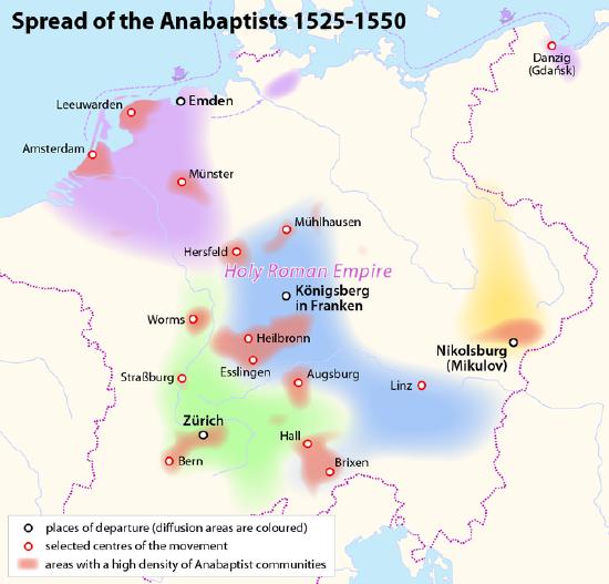 A map showing the spread of Anabaptists from 1525-1550, mostly within the Holy Roman Empire.