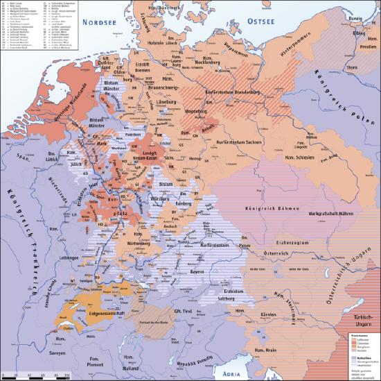 German map of religious demographics in the Holy Roman Empire before the outbreak of the Thirty Years' War.